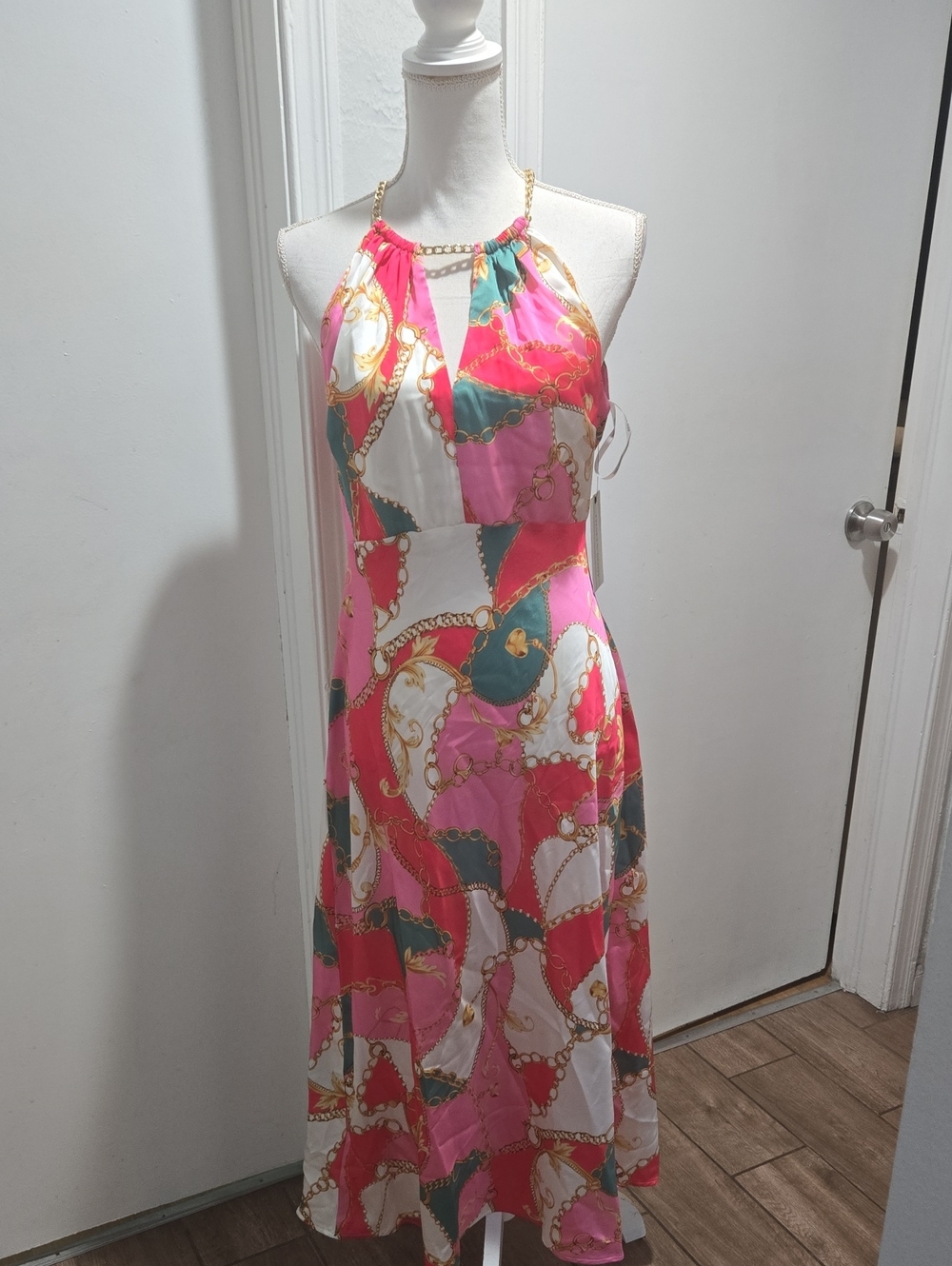 Thalia Sodi Pink Multi Halter Chain-Print Midi Dress